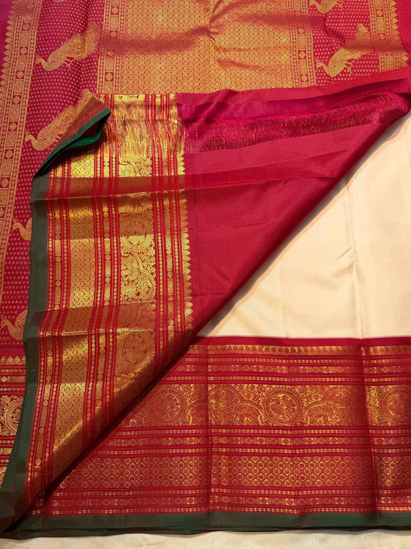 Warm Sandalwood Ivory pure silk Kanjeevaram Korvai saree with Arakku Red border.