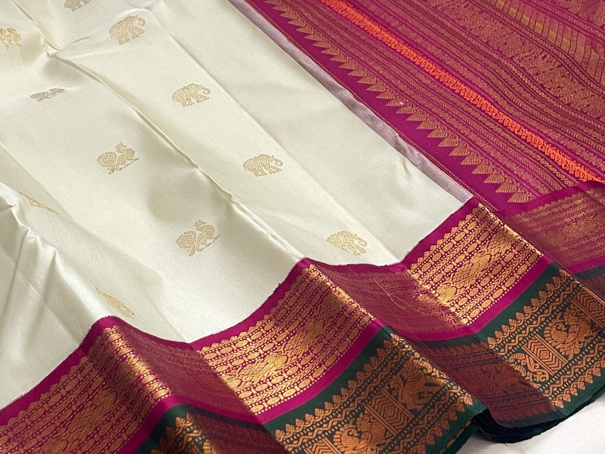Sandalwood Ivory Handwoven Pure Silk Kanjivaram Korvai Saree with Peacock and Elephant Motifs, silk body close-up