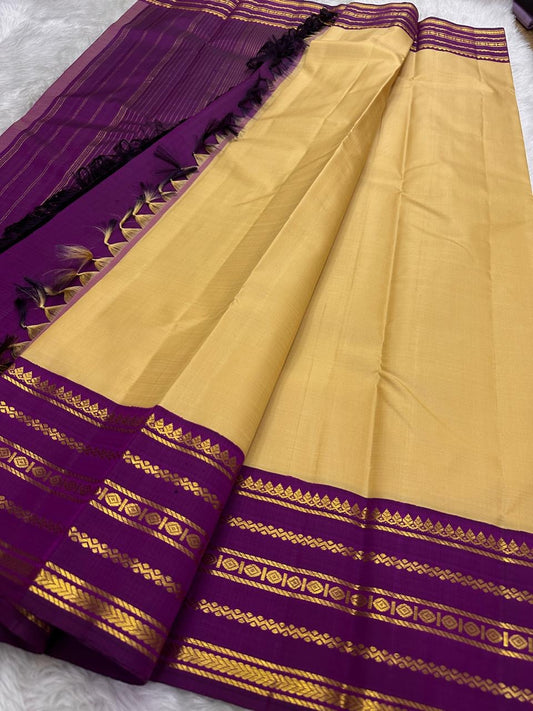 Sandalwood Beige Handwoven Pure Silk Kanchipuram Saree with Deep Maroon Varisaipet Zari Border