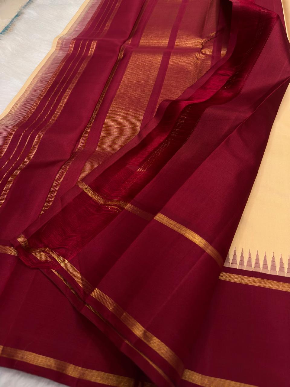 Sandalwood and pillar-box red contrast, Kanchi Pattu Korvai saree