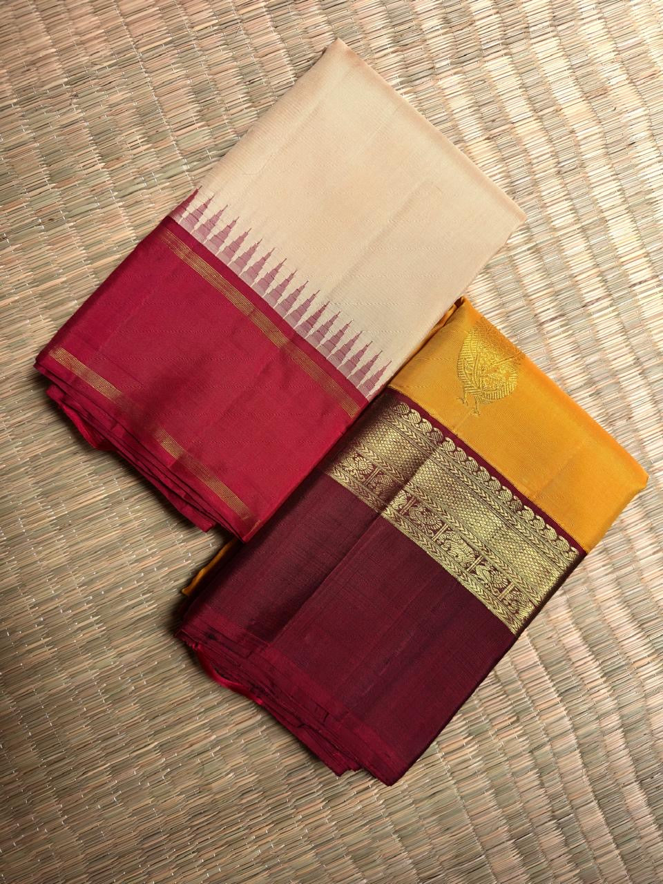 Sandalwood-beige pure silk Kanchi Pattu Korvai saree, full drape — Idam Living