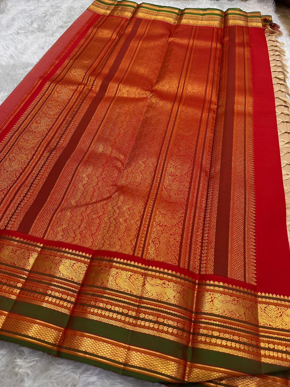 Rich multi-colour korvai pallu with gold zari on sandstone beige Kancheepuram pure silk saree — Idam Living