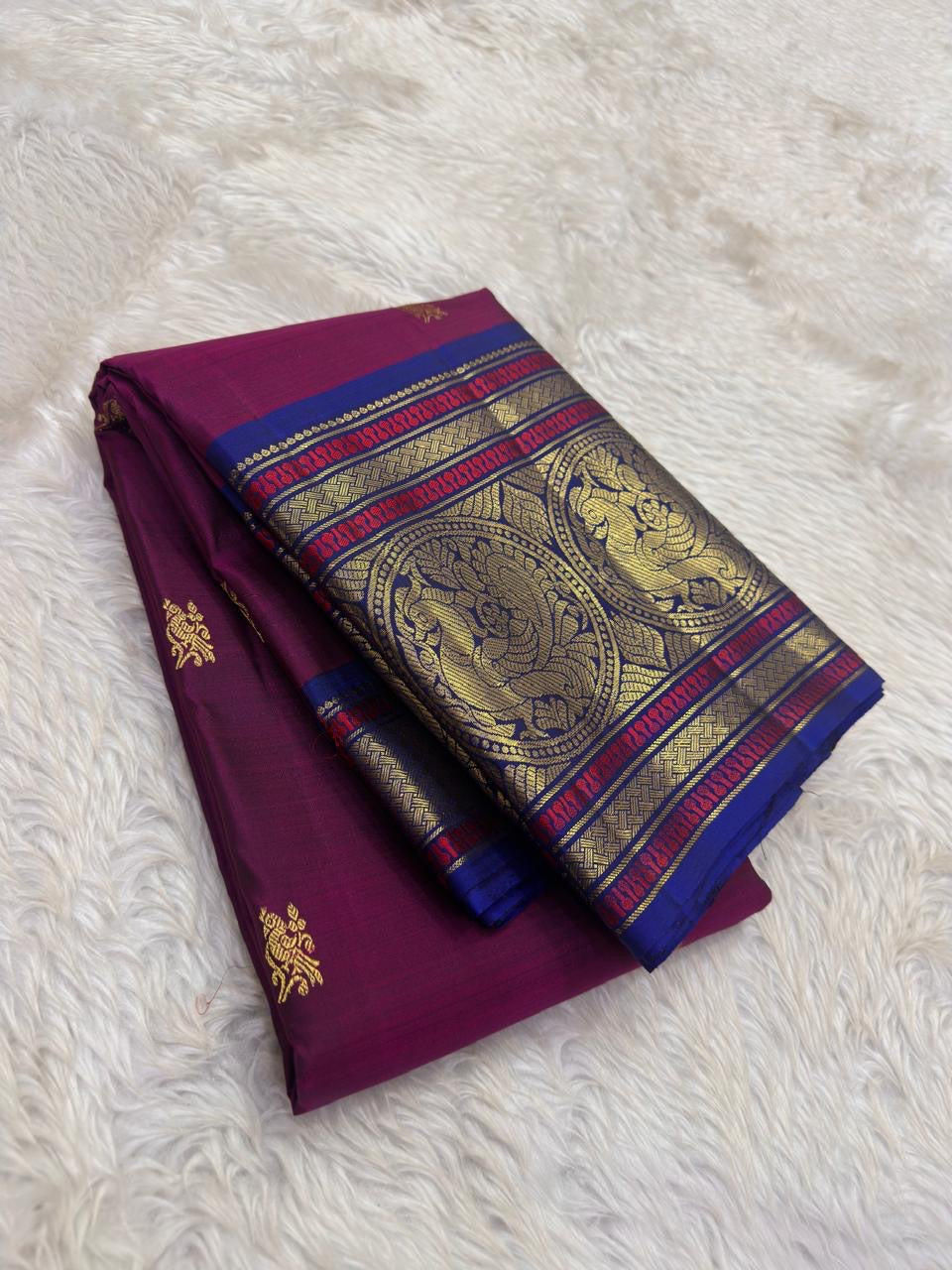 Sapphire blue border pure Kanjivaram silk saree – folded view