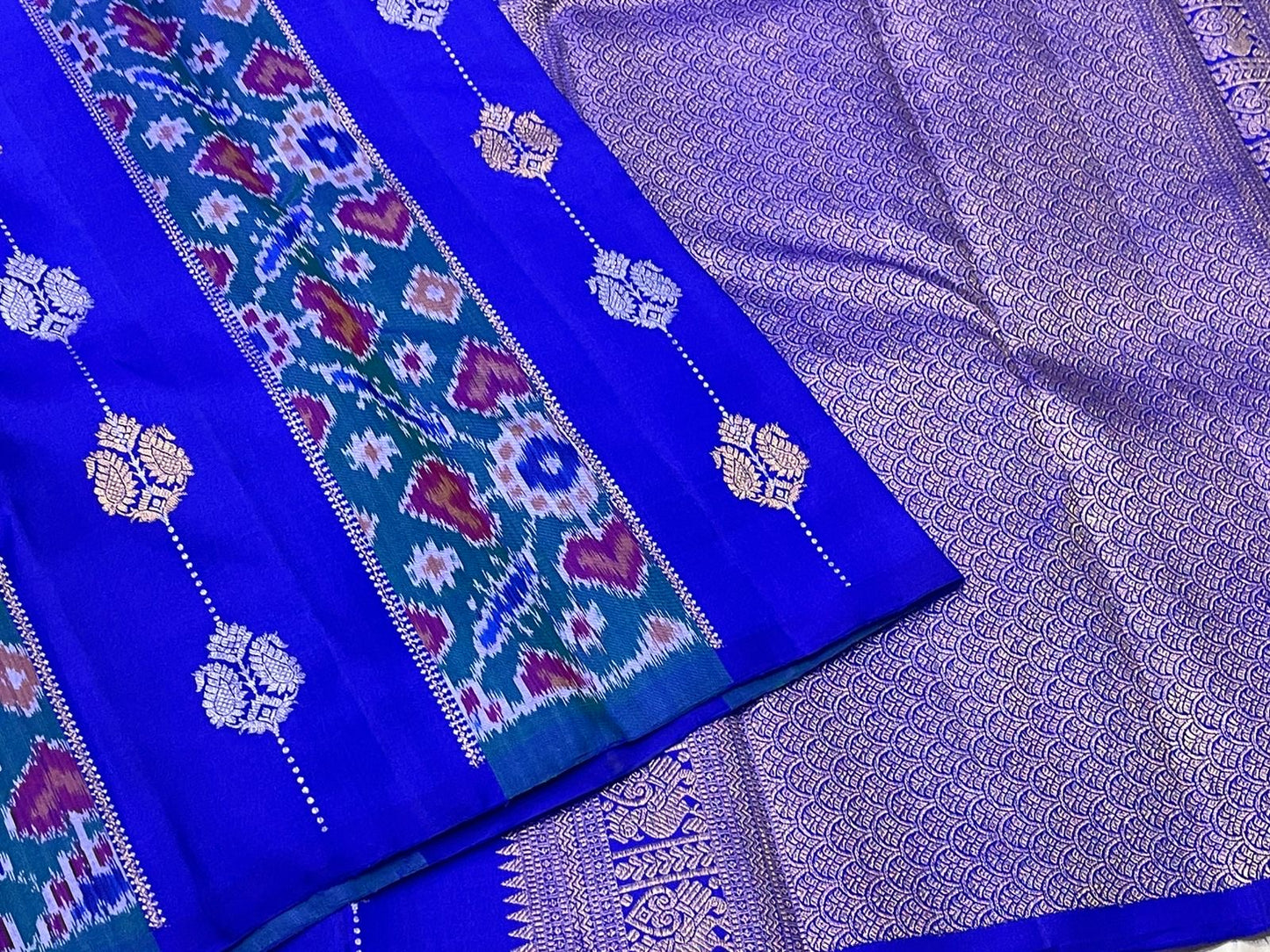 Sapphire Blue Handwoven Pure Silk KanchiPattu Saree with Pochampally Butta and Ikat Border