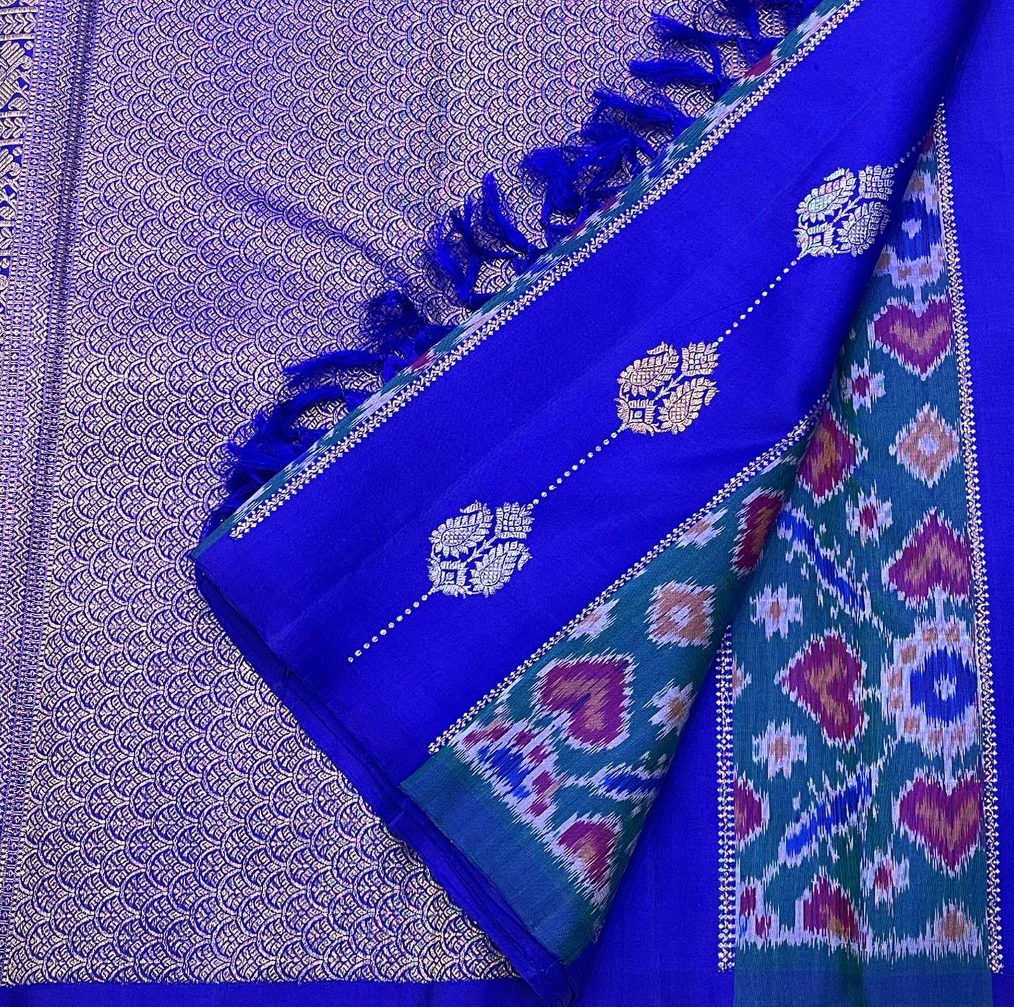 Sapphire Blue Handwoven Pure Silk KanchiPattu Saree with Pochampally Butta and Ikat Border