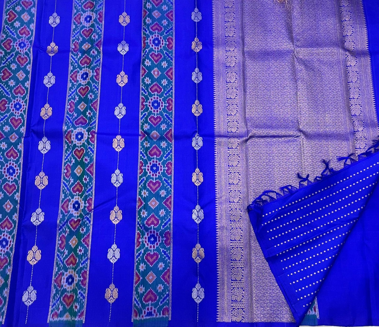 Sapphire Blue Handwoven Pure Silk KanchiPattu Saree with Pochampally Butta and Ikat Border