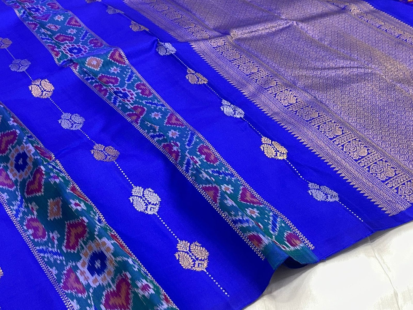 Sapphire Blue Handwoven Pure Silk KanchiPattu Saree with Pochampally Butta and Ikat Border