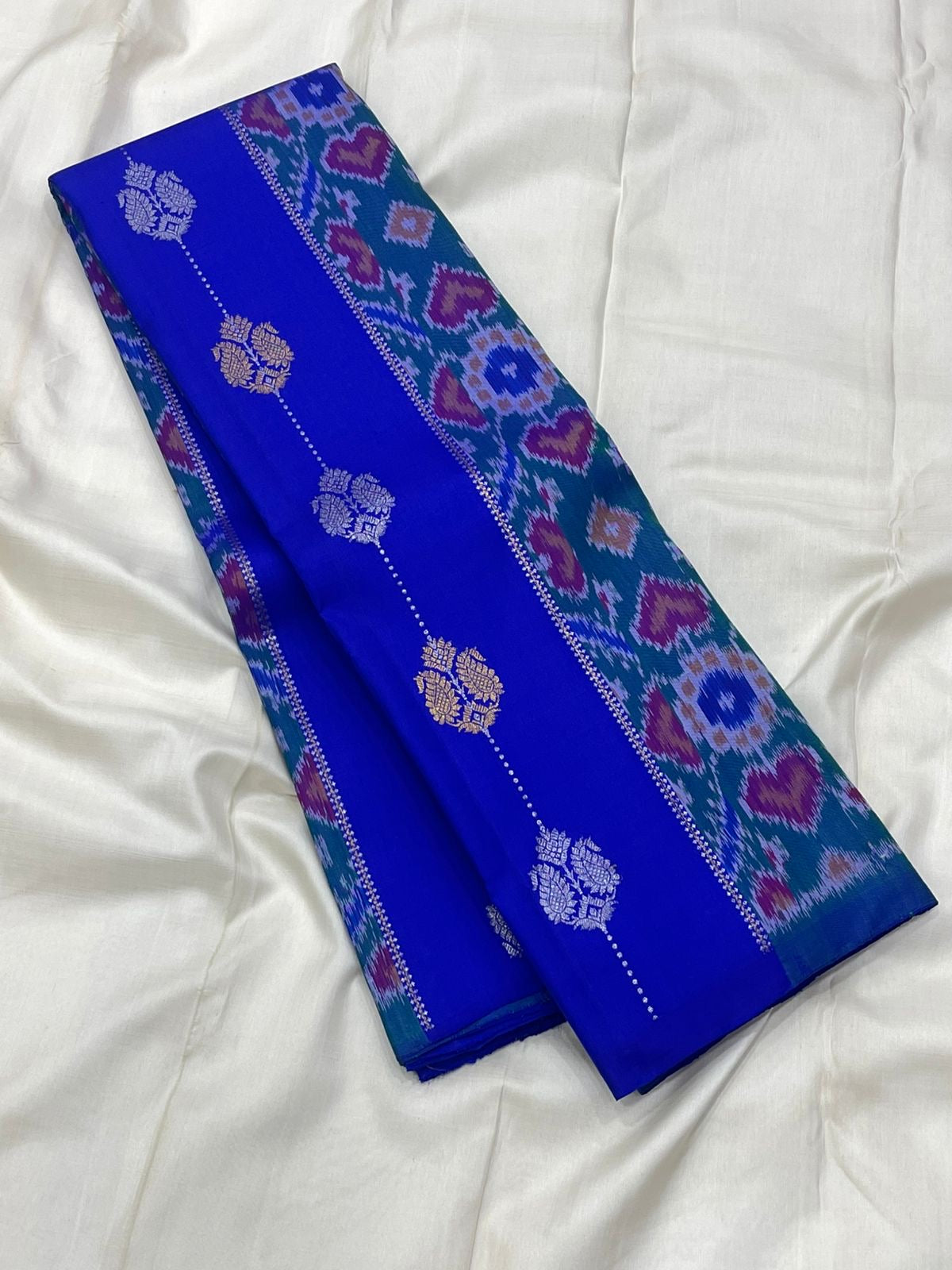 Sapphire Blue Handwoven Pure Silk KanchiPattu Saree with Pochampally Butta and Ikat Border