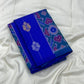 Sapphire Blue Handwoven Pure Silk KanchiPattu Saree with Pochampally Butta and Ikat Border