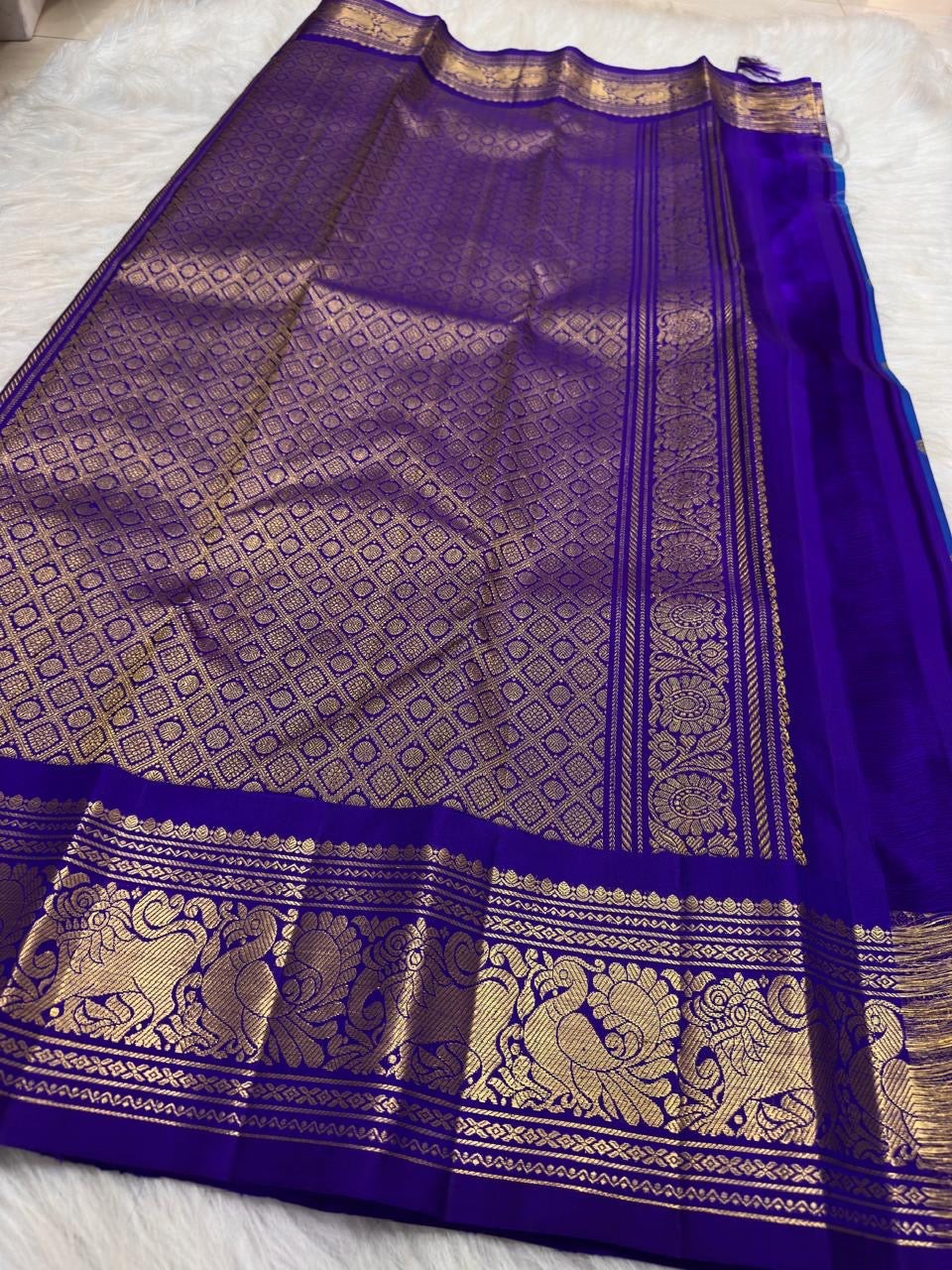 Handwoven Sapphire Blue Pure Silk Kanchipuram showing its clear saturated monsoon-sky blue colour.