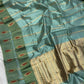 Sea glass blue handloom Pattu Silk Chanderi saree with fine gold zari stripes and a sage green border