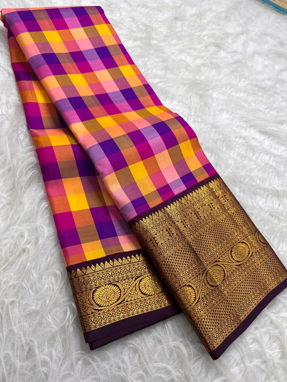 Handwoven Kanchi Kattam checks in mango rose and soft orange | Kanjeevaram pure silk saree.
