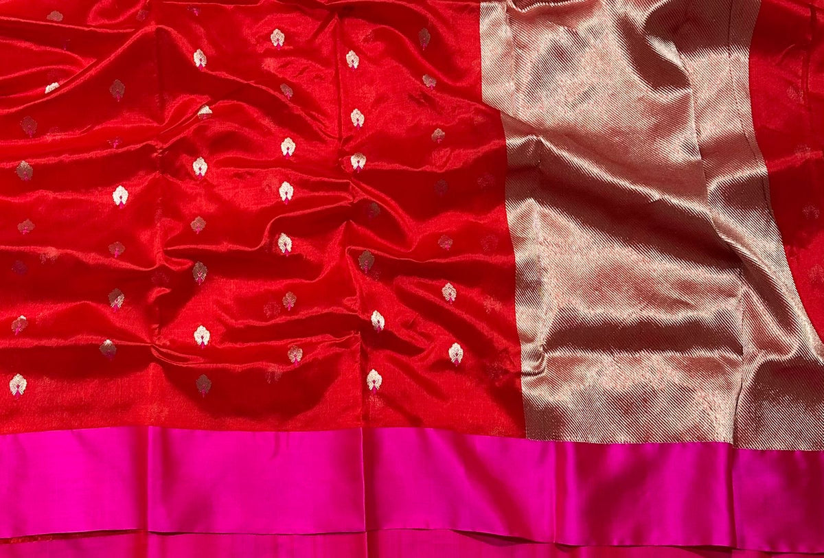 Festive scarlet red Pattu Silk Chanderi saree from Idam Living