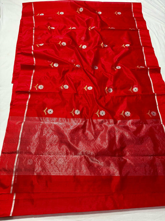 Scarlet Pure Silk Chanderi Saree drape showcasing Silver Border
