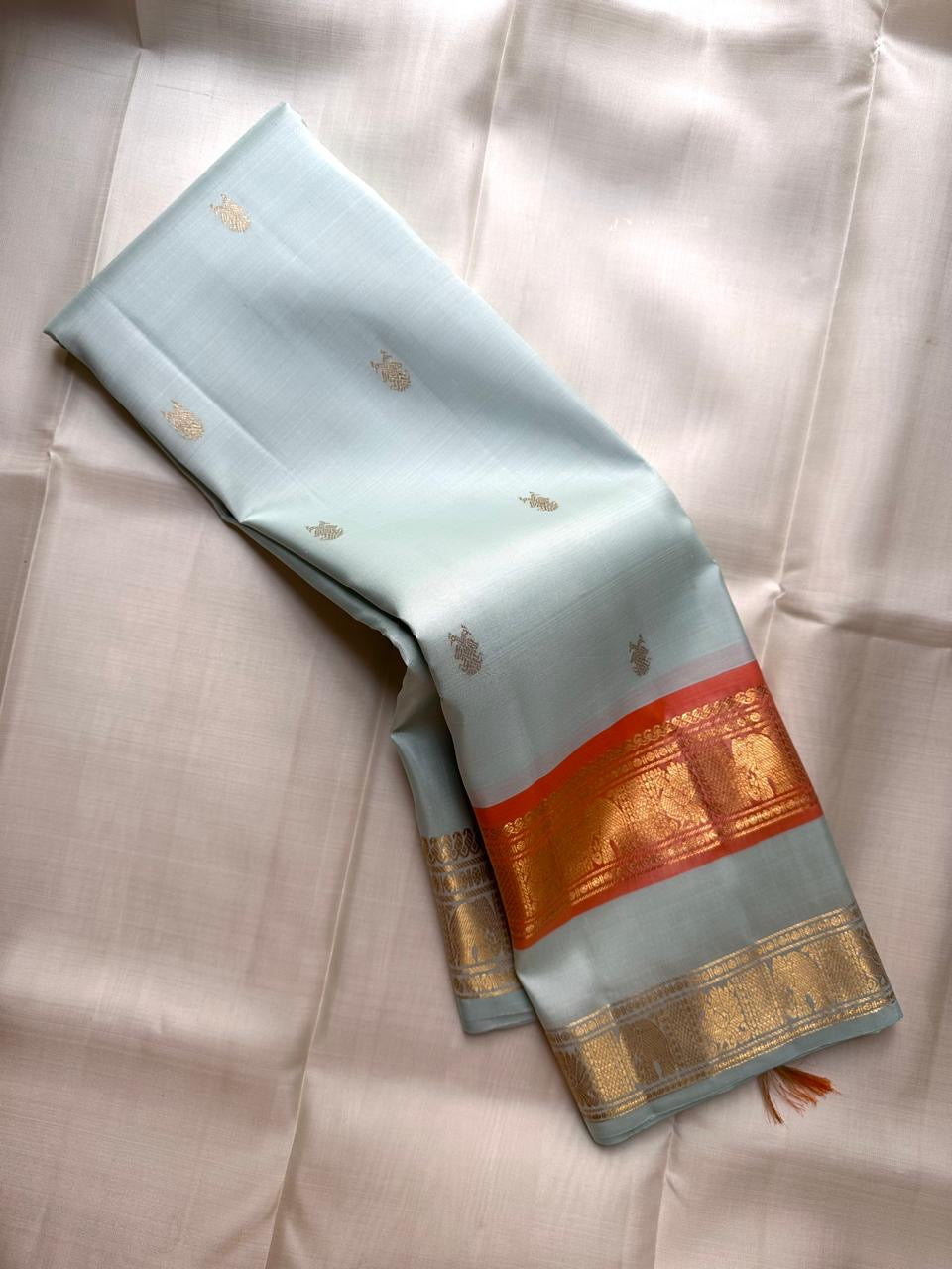 Sea Glass Aqua Handwoven Pure Silk KanchiPattu Saree with Dusty Rose Rettapet Zari Border