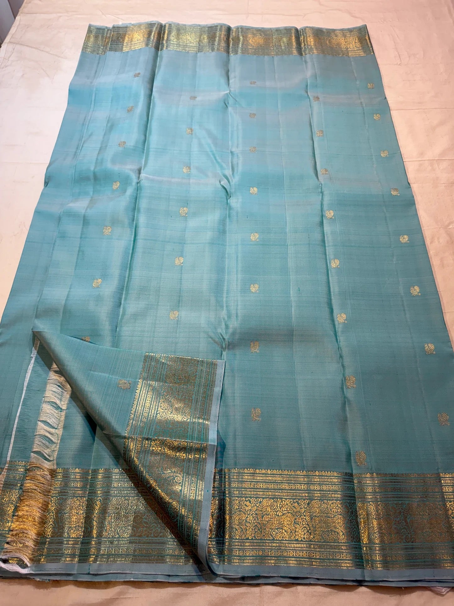 Sea Glass Aqua Handwoven Pure Silk Kanchi Pattu Saree with Antique Gold Zari Buttas and Ornamental Border