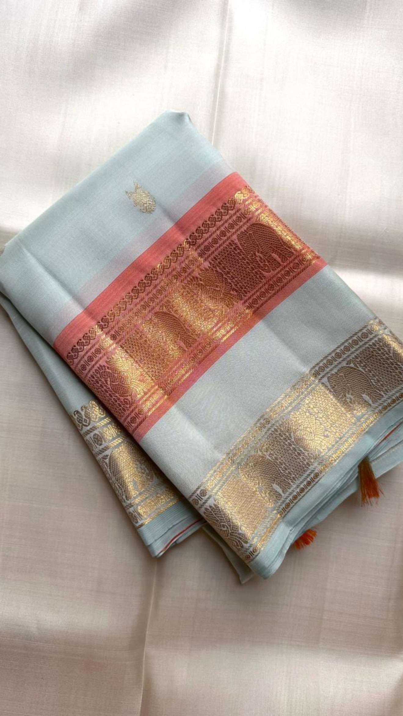 Sea Glass Aqua Handwoven Pure Silk KanchiPattu Saree with Dusty Rose Rettapet Zari Border