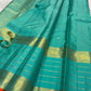 Sea Green pure mulberry silk Varisaipet saree with gold zari lines and Burnt Orange selvedge.