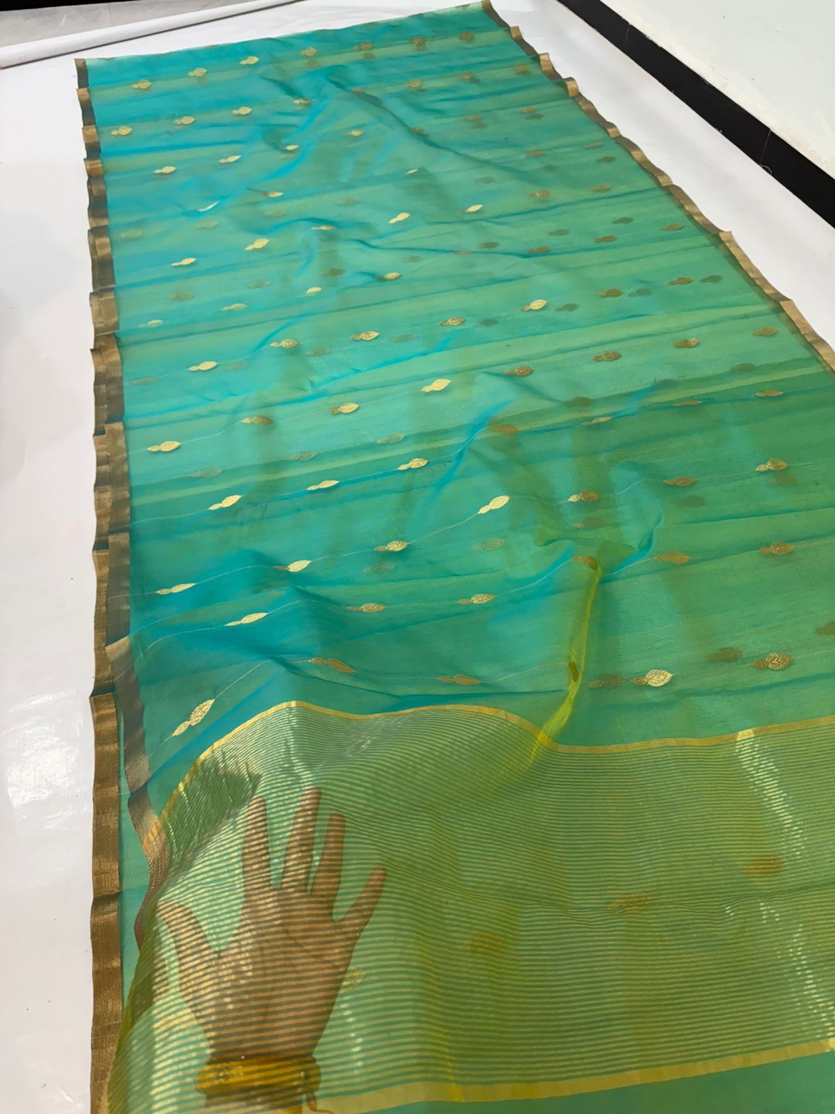 Sea Green Chanderi saree pallu with closely spaced striped gold zari detailing