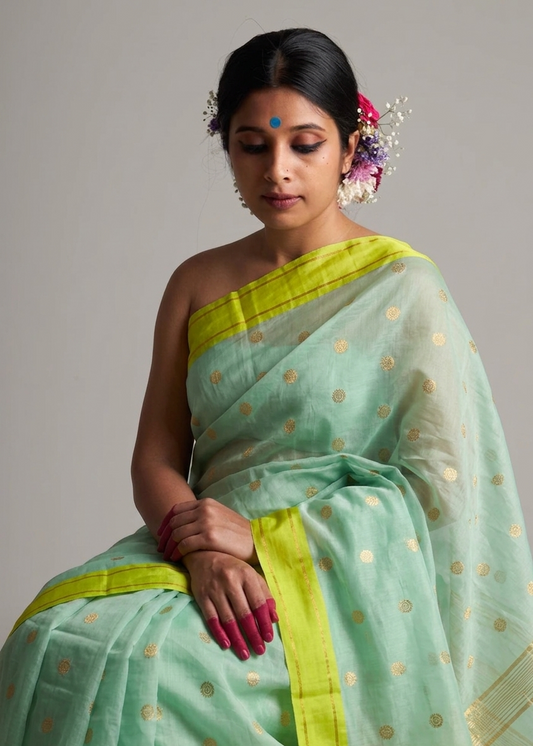 Sea Green Pure Silk Chanderi Saree folded view with Chartreuse Border
