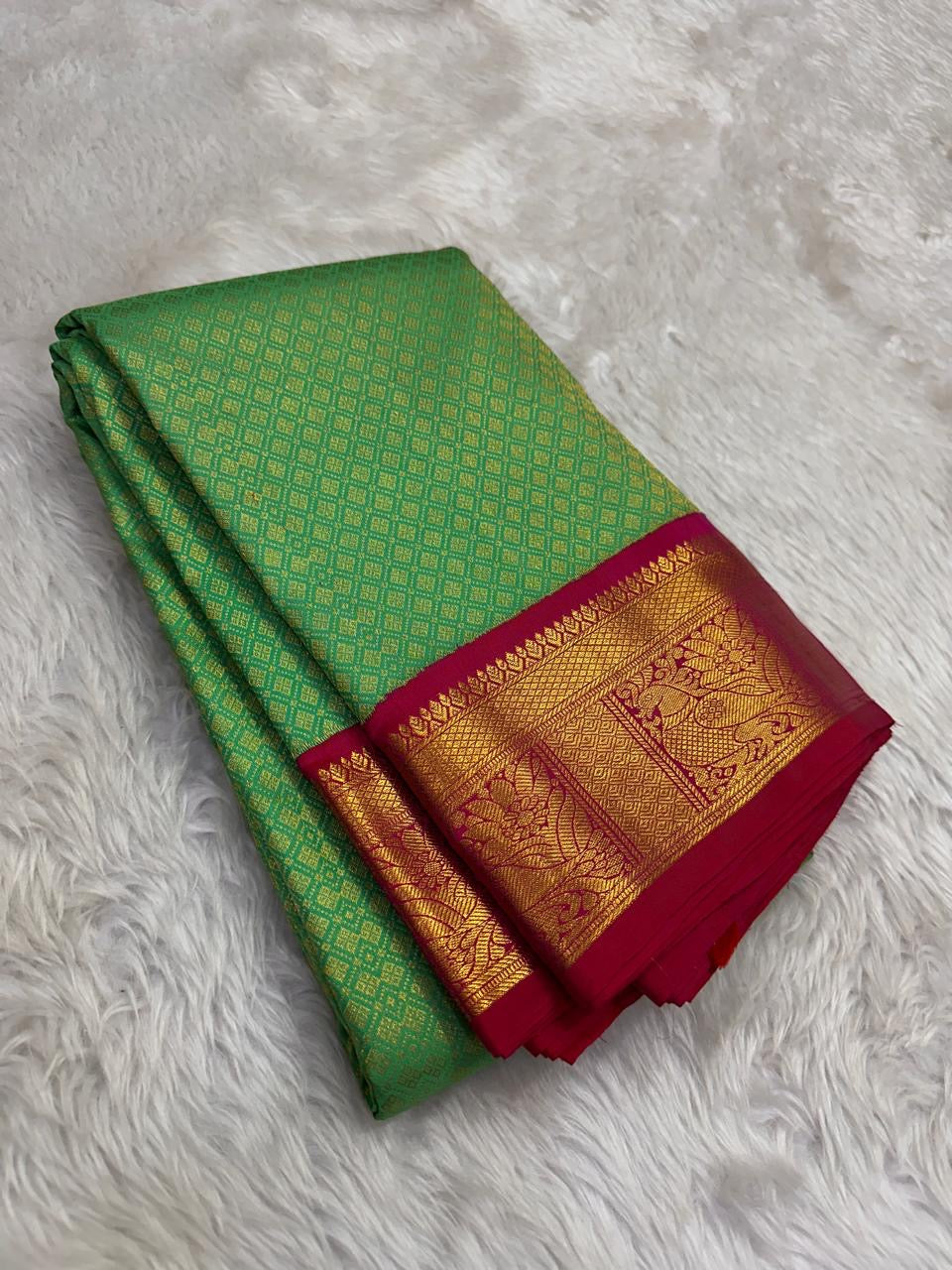 Rich coral-red pallu filled with gold medallions and framed traditional motifs beside the pink border