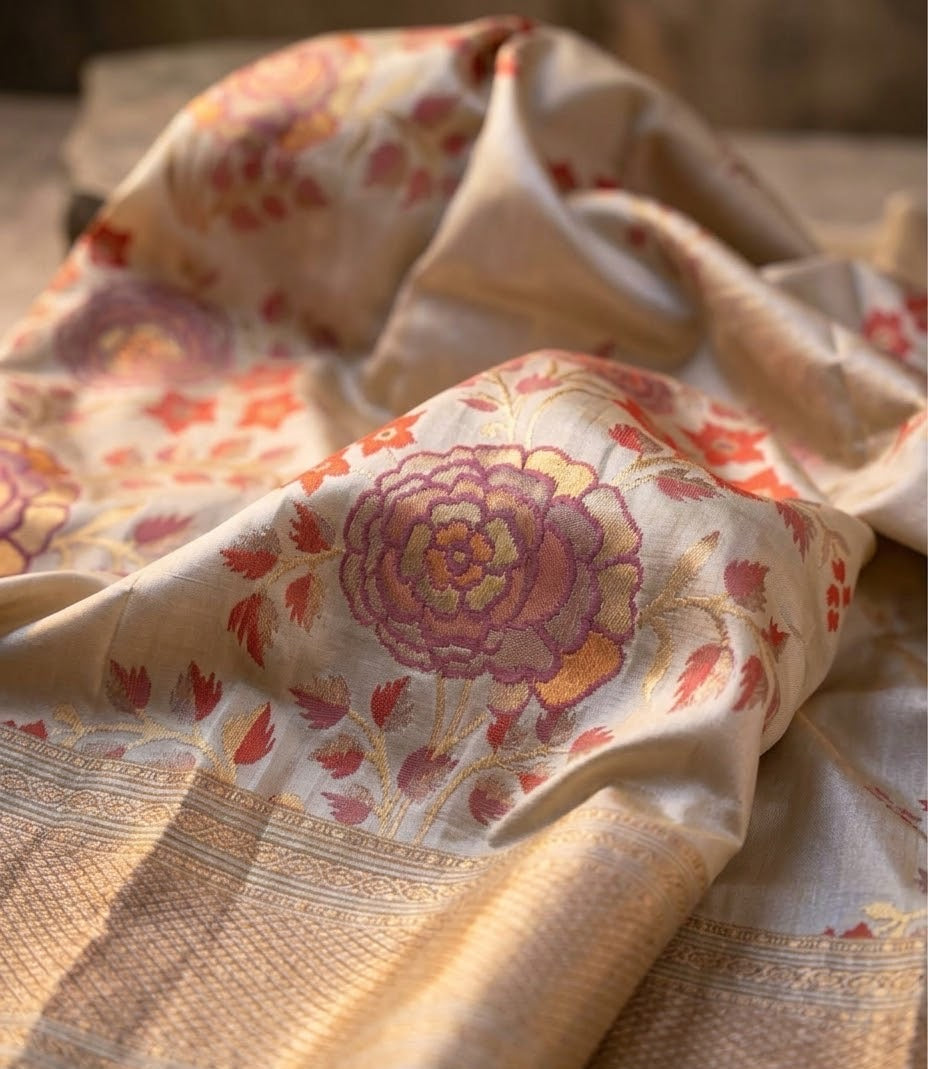 Pearl Ivory pure silk Kanchipuram Butta saree with intricate multicolour floral zari jaal.