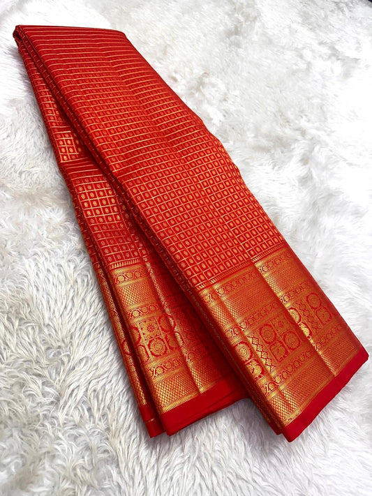 Sevappu Red Kanchipuram Zari Kattam saree with broad classic-gold border.