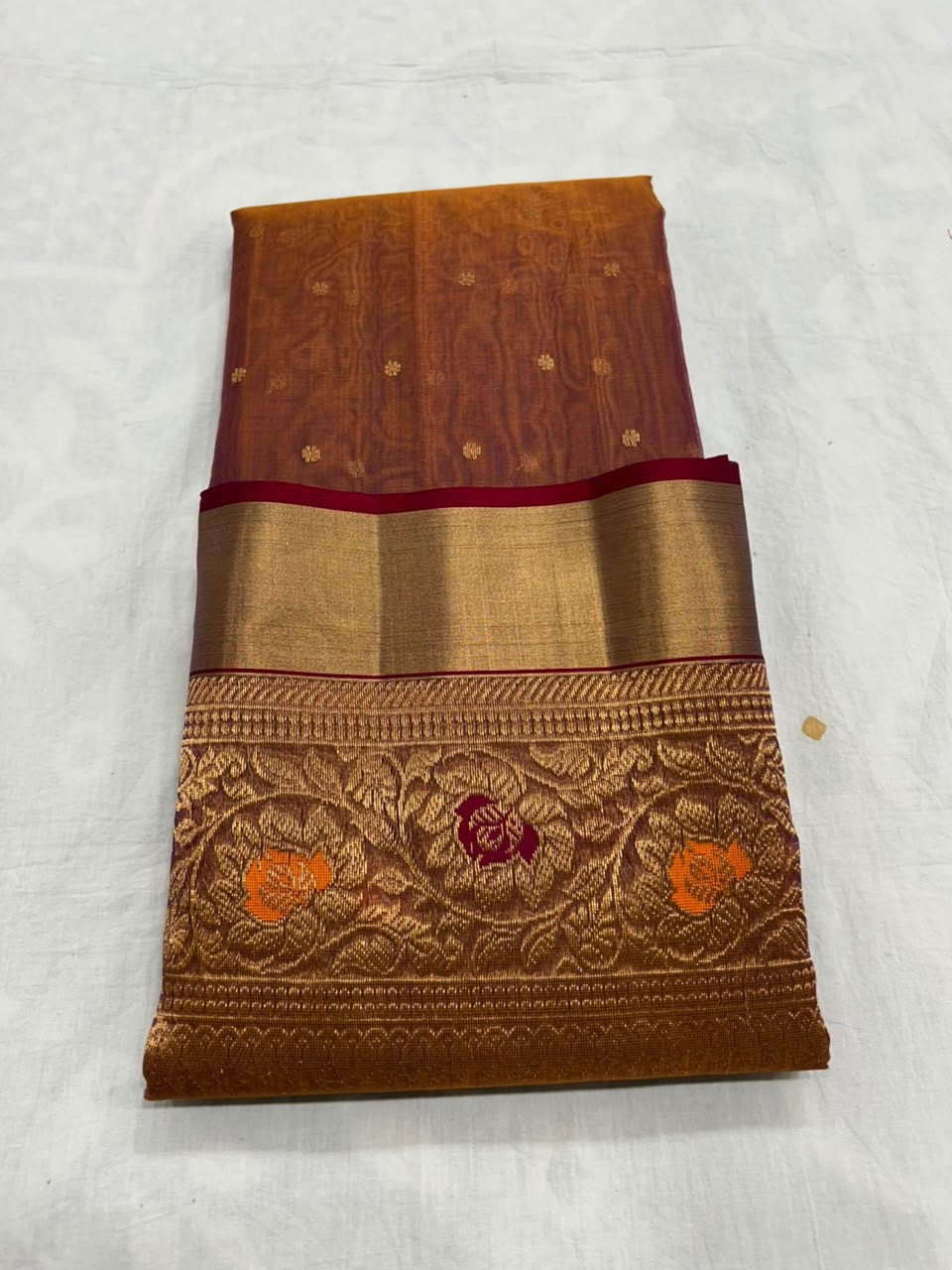 Copper Brown Floral Zari Katan Silk Chanderi Saree, front and border view