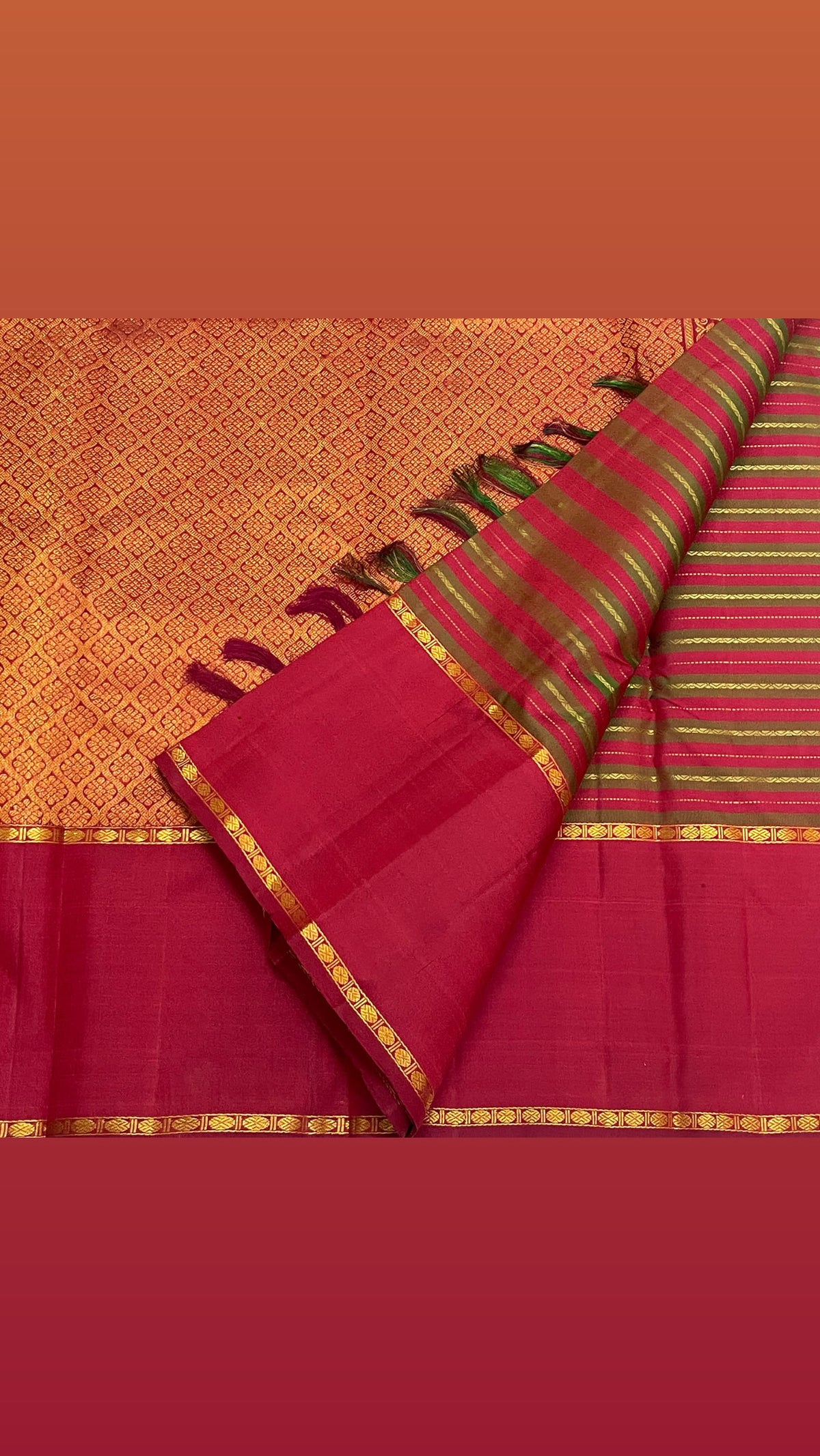 Close view of fine silk-thread and golden lines in the Vazhaipoo striped body of the vintage vermilion Kanchipuram saree