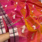 Shot colour orange-pink Katan Silk Chanderi saree with bird motif and silver border — Idam Living