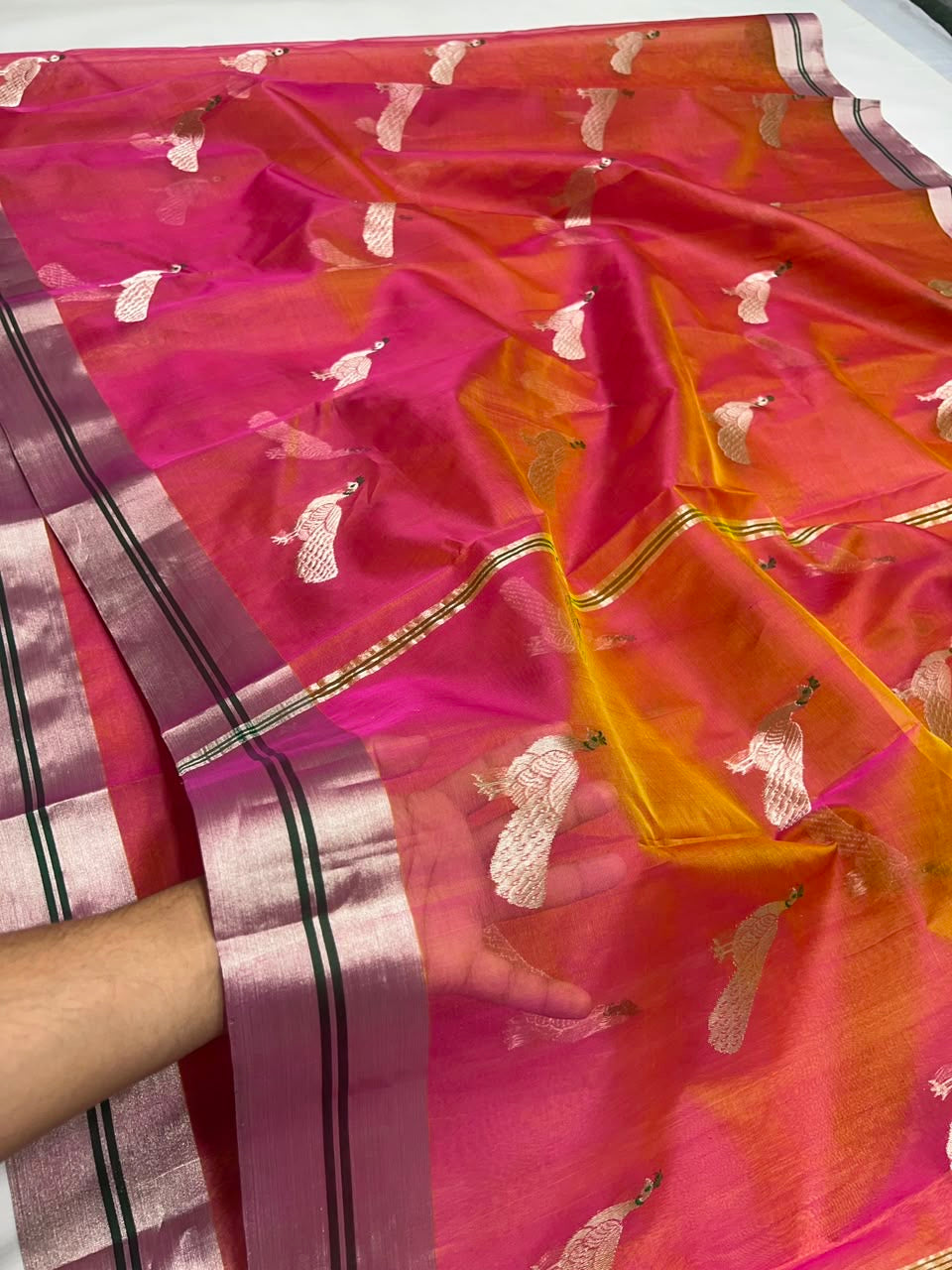 Shot colour orange-pink Katan Silk Chanderi saree with bird motif and silver border — Idam Living