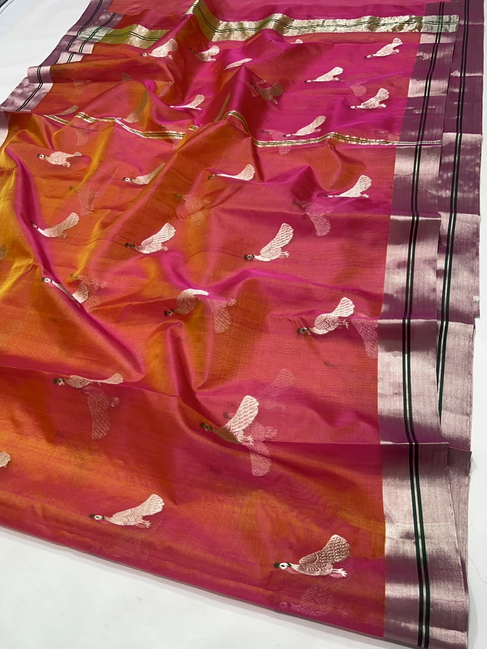 Handwoven shot colour Katan Silk Chanderi saree, full drape