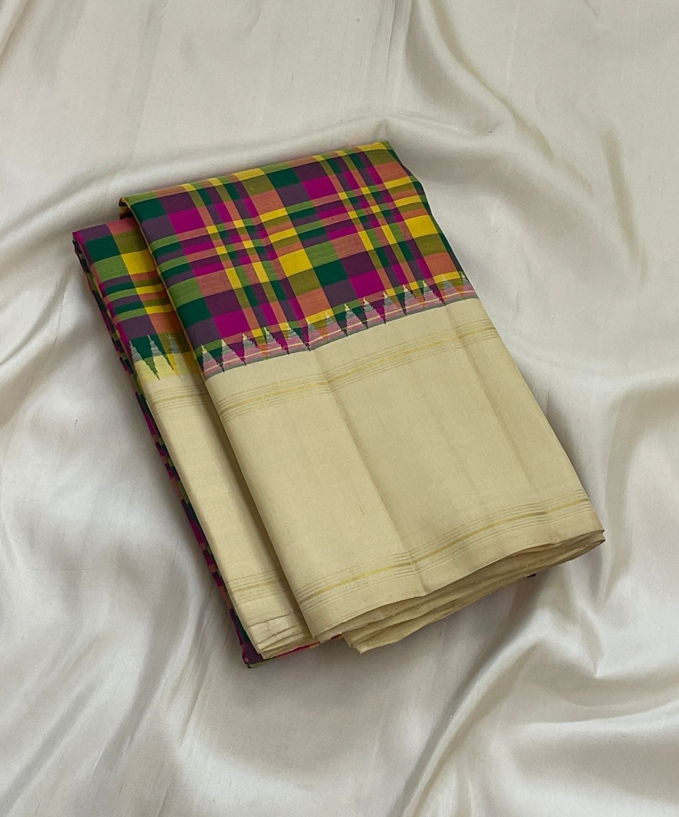 Silk Mark Certified ivory cream Kanchipattu saree with multi tone kattam checks and traditional zari Idam Living