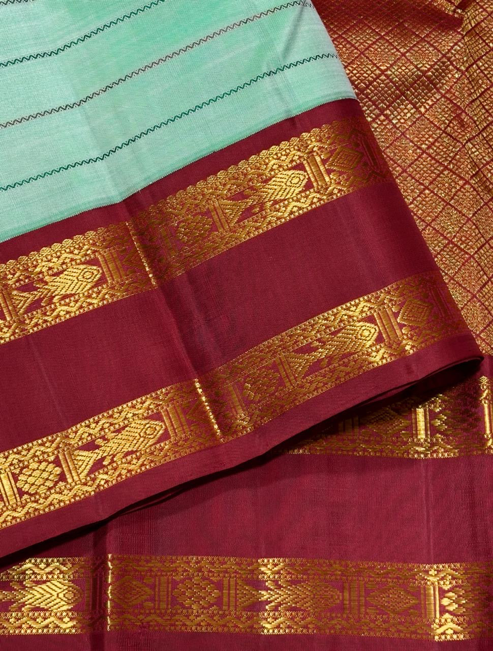 Pastel mint green handwoven pure silk Kanjivaram rettapet saree with Ganga-Jamuna borders, view 3