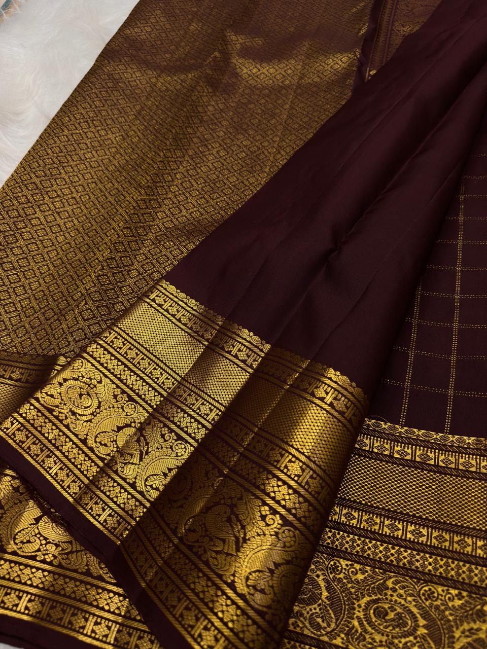 Handwoven Deep Plum Maroon Kanchipuram silk saree, border panel, ornate parrot pallu panels