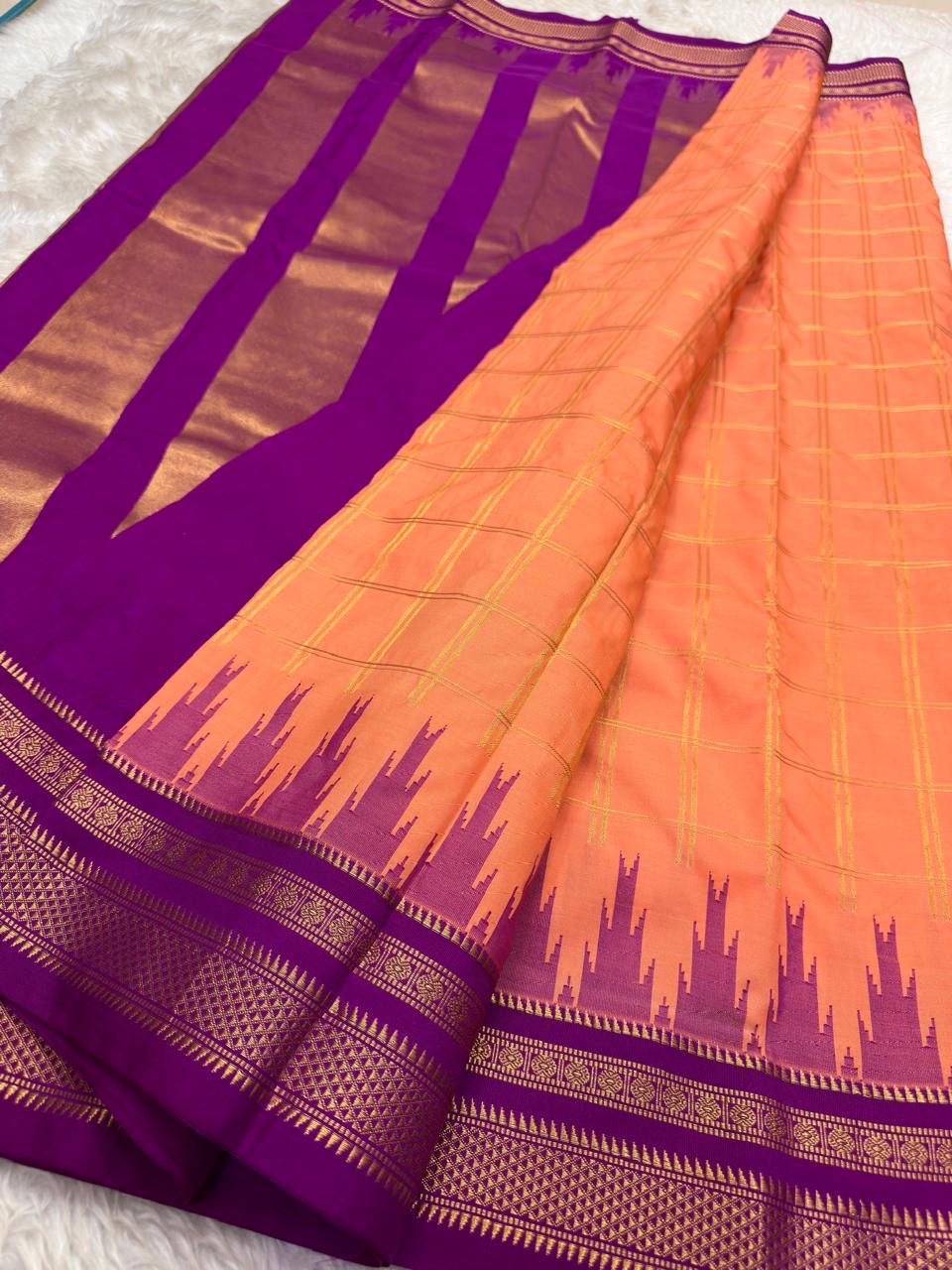 Handwoven Arani silk saree with luminous silk sheen and kattam checks