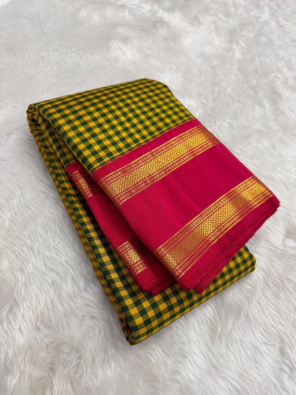 Silk Mark Certified yellow Kanjivaram saree with vetrilai green pattani kattam checks and traditional zari Idam Living