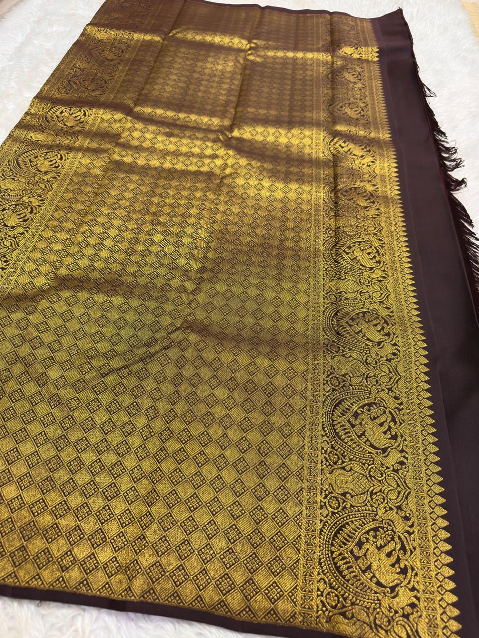 Silk Mark certified Kanjivaram saree coffee brown with traditional gold zari