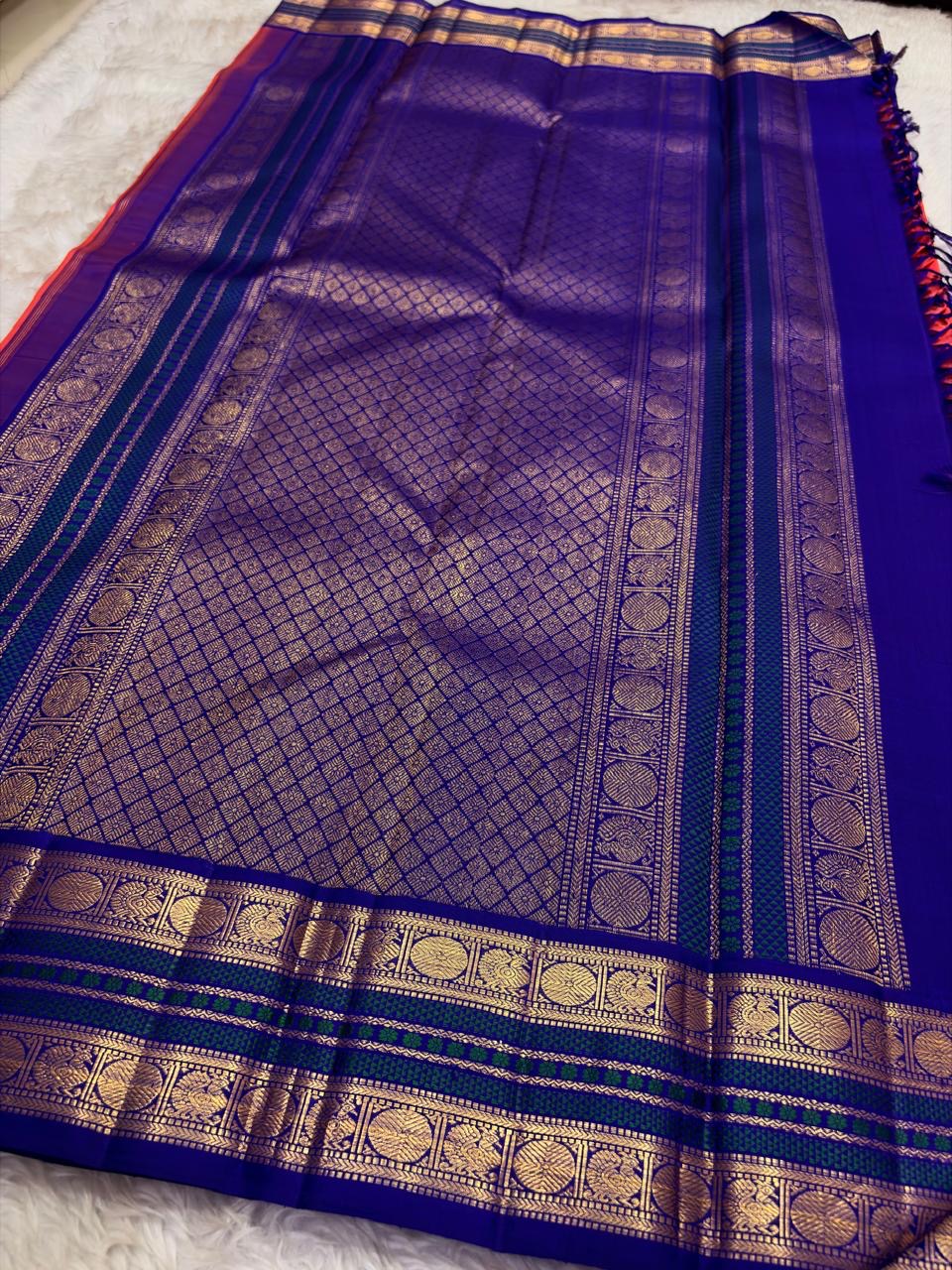 Silk Mark certified Kanjivaram saree coral sunset orange with royal violet border