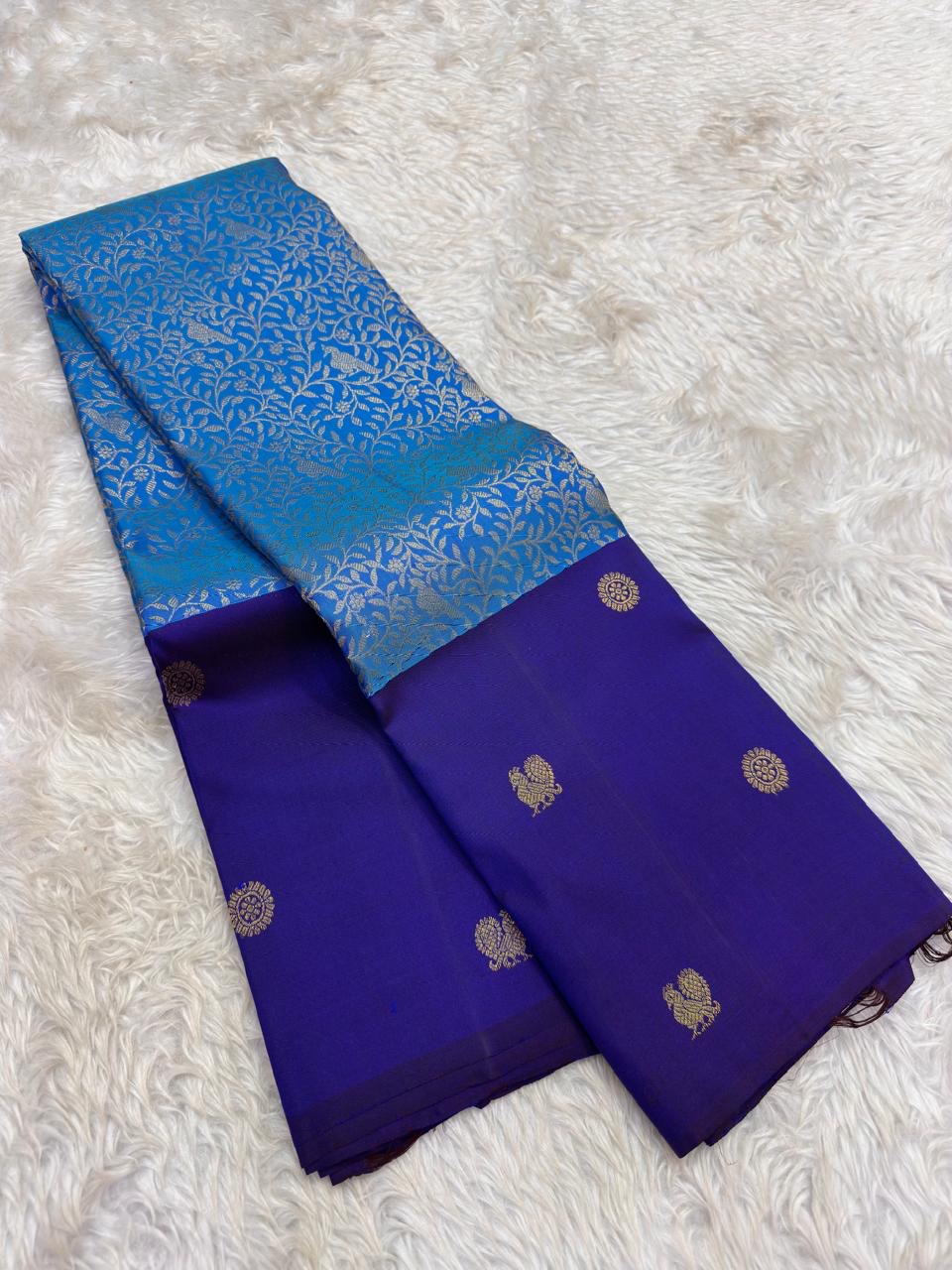 Silk Mark certified Kanjivaram saree royal blue with traditional gold zari