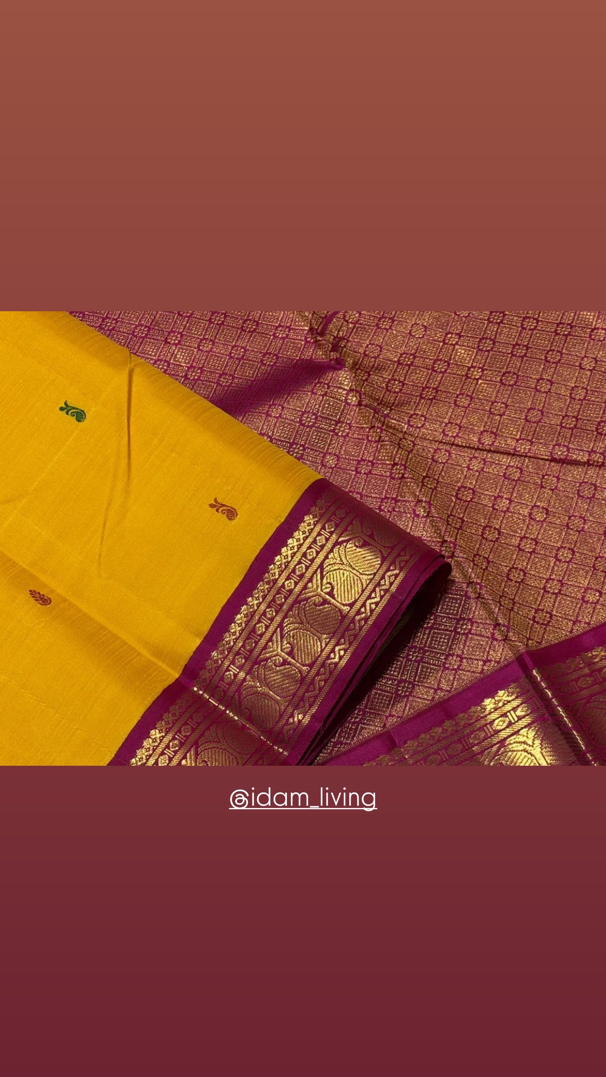 Mustard yellow Korvai Kanjivaram silk saree with dual-colour Ganga-Jamuna borders and 2 g gold zari, available in the USA from Idam Living