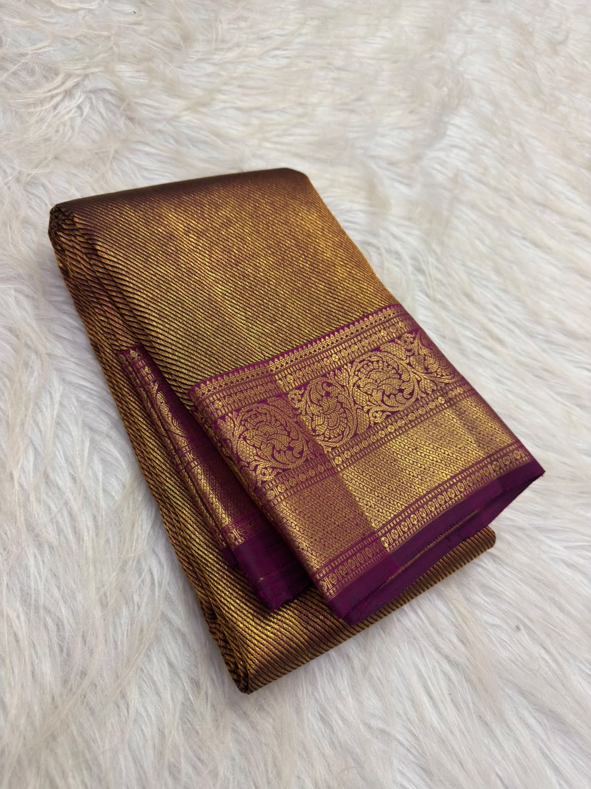 Handwoven Deep Plum Bronze Kanchipuram silk saree, full drape, diagonal-looking zari lines