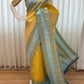Full mannequin drape of butter yellow Pure Kanchipuram silk saree with sky blue pallu panels and zari woven border design