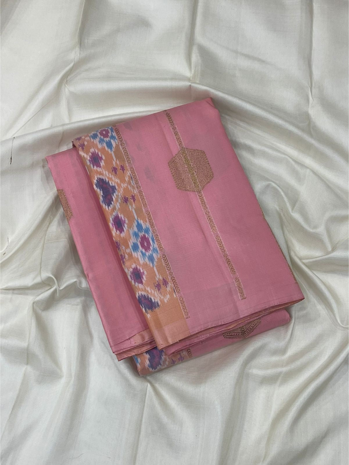Radiant Pink Butta Kanjipuram Silk Saree with Pochampally Border and Hexagonal Silk Thread Butta