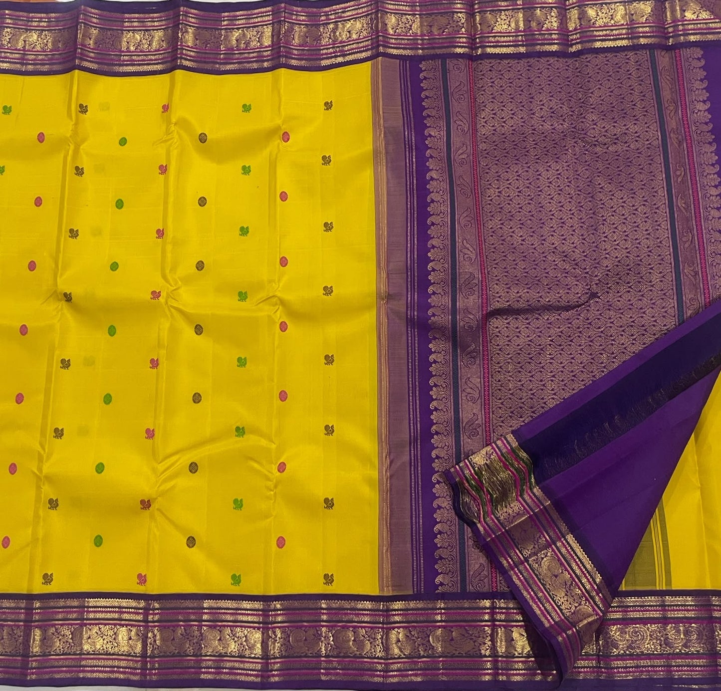 Turmeric Yellow pure silk Kanchipuram saree — silk thread butta