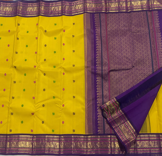 Turmeric Yellow pure silk Kanchipuram saree — silk thread butta