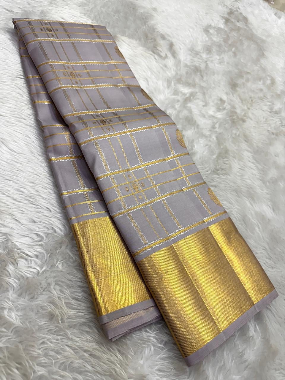 Silver ash grey Kanjivaram silk saree traditional zari texture