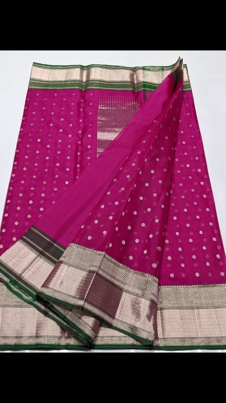 Pink Chanderi saree with dark green contrast edge