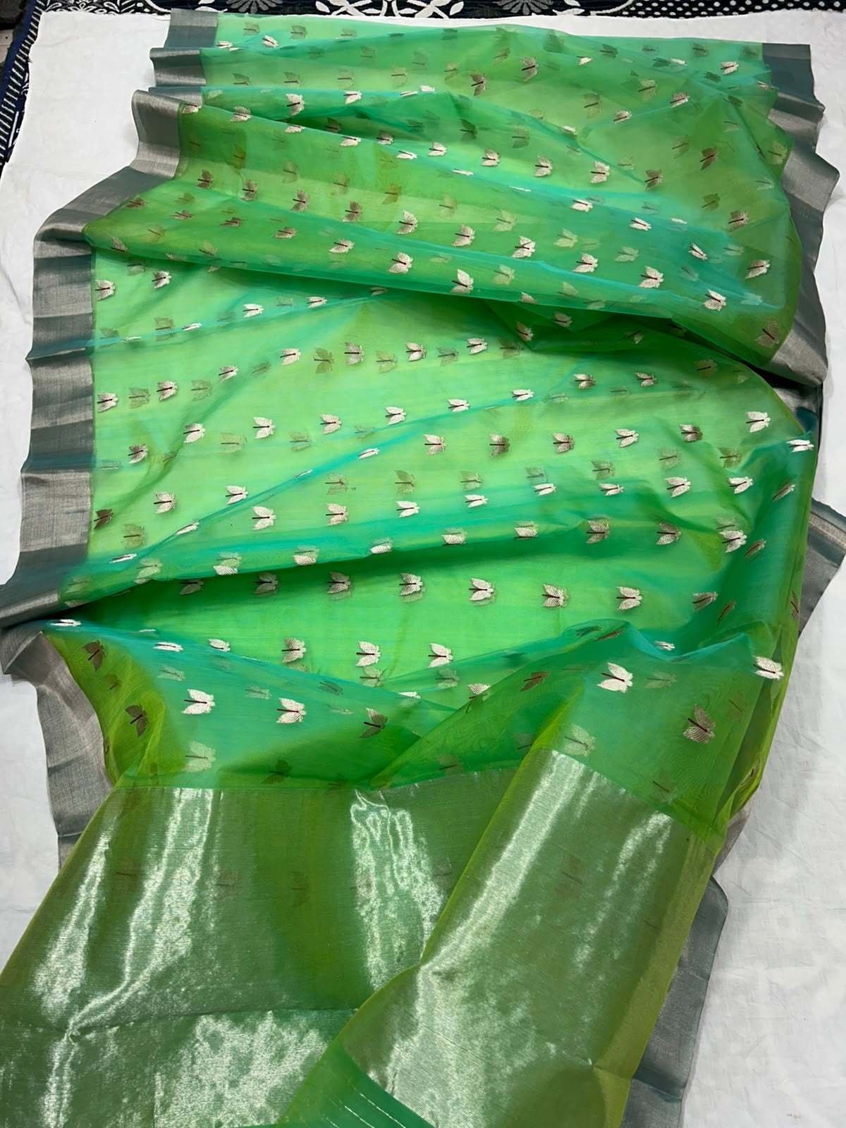 Green Chanderi with silver-grey border