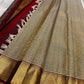 Close view of geometric gold zari weaving on Silver Grey Kanchipuram silk.